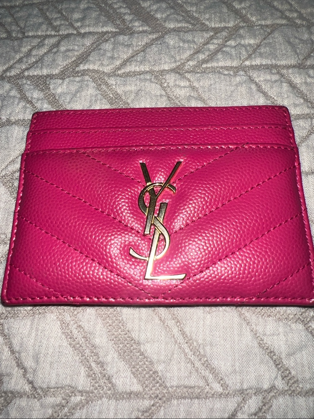 Saint Laurent Fresh Fuxia (Fuchsia) chevron quilted card case.